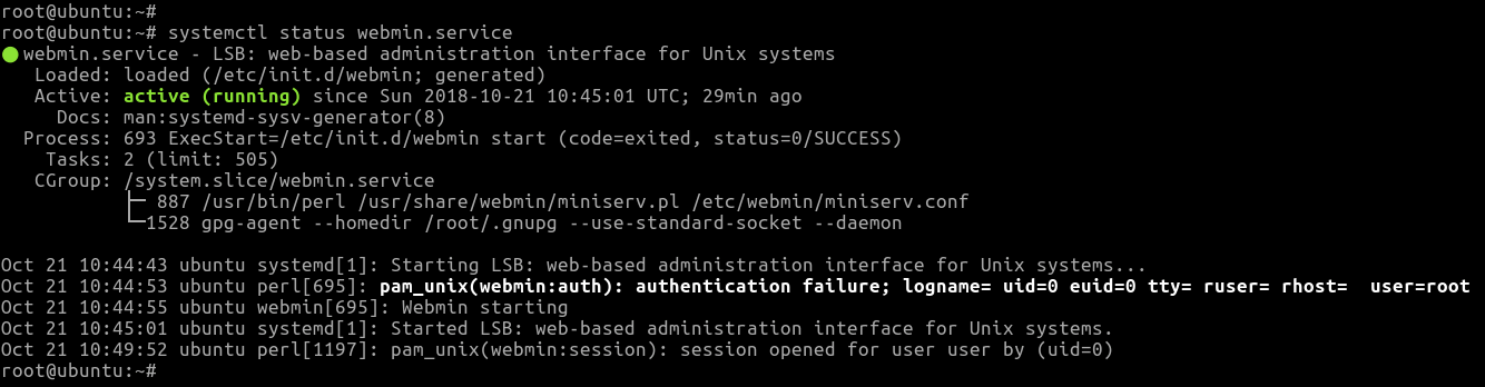 After the installation is done, run the systemctl command to check the status of the Webmin service.