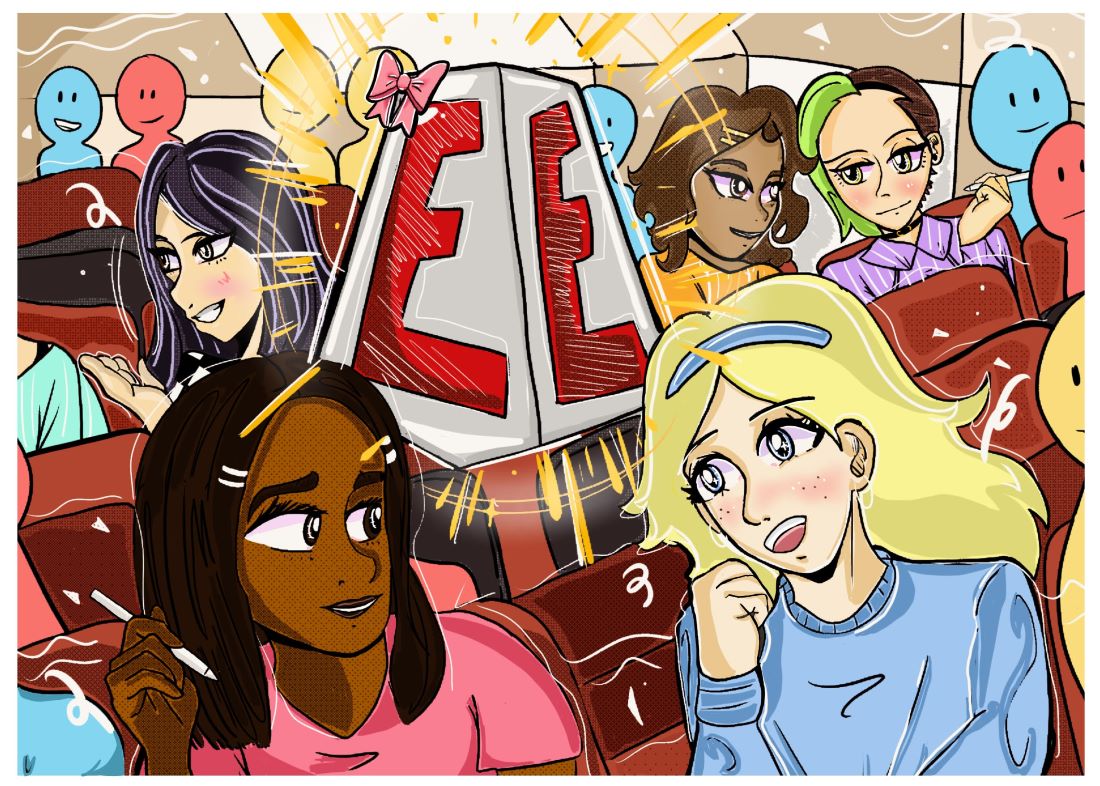 Illustration of the engineering 'E' cairn in class surrounded by students