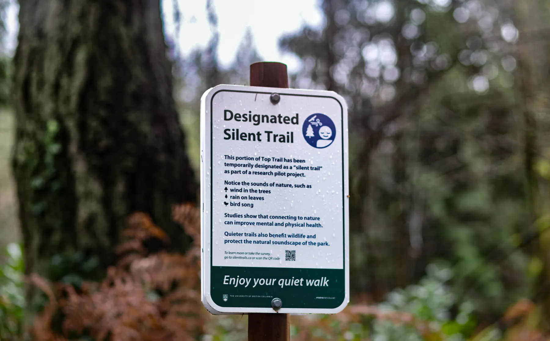 An outdoor trail sign in Pacific Spirit Park that reads "designated silent trail."