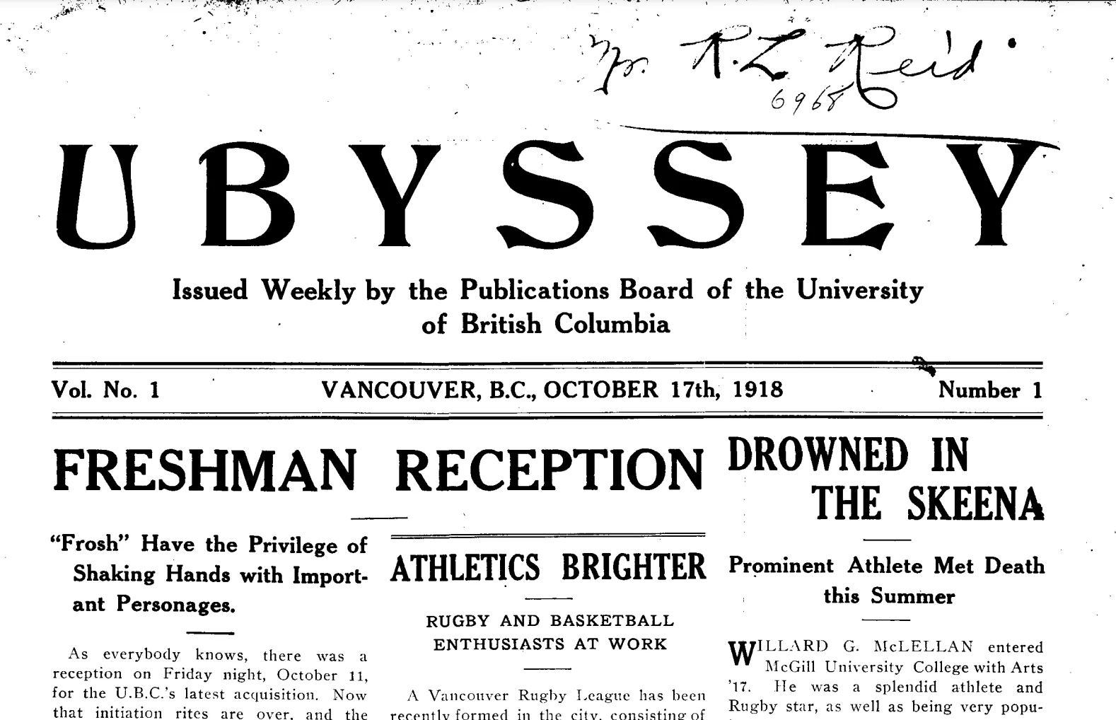 The first Ubyssey front page dated October 17, 1918.