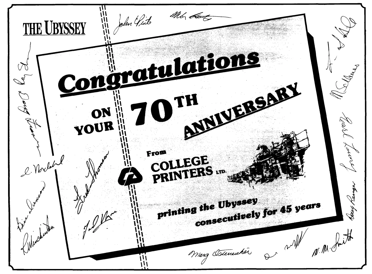 An ad from the paper's then-printers wishing a happy 70th birthday.