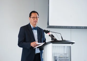 Santa Ono speaking on the formal announcement of Musqueam place names being added to UBC street signs, 4 April 2018