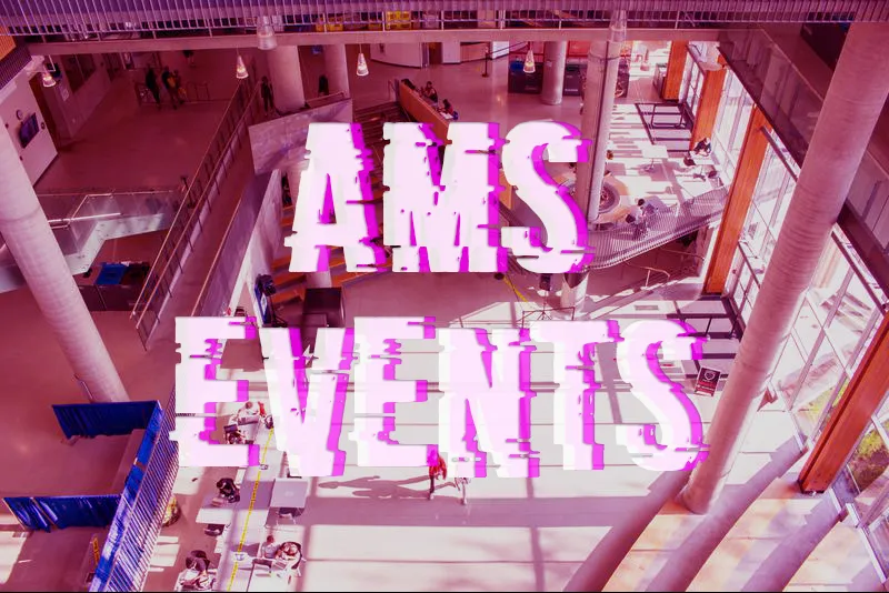 The image shows the inside of the Nest in a pink tint with bold font that reads "AMS EVENTS" in the centre of the image.