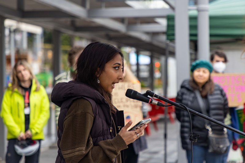 Aleena Haq, first-year UBC student and member of the SJC, addresses the crowd