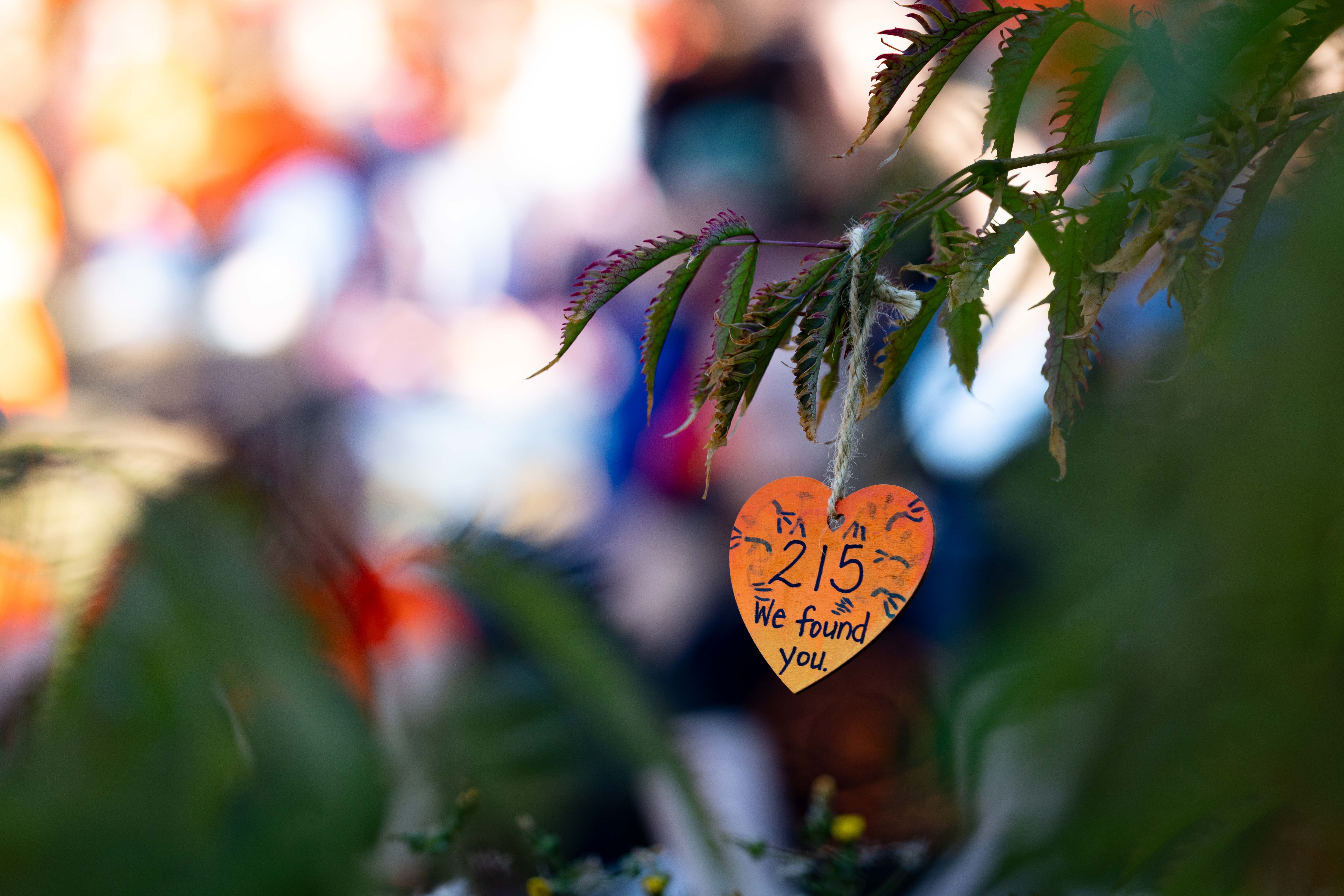 Orange hearts with messages of solidarity were hung on trees and bushes near the IRSHDC.