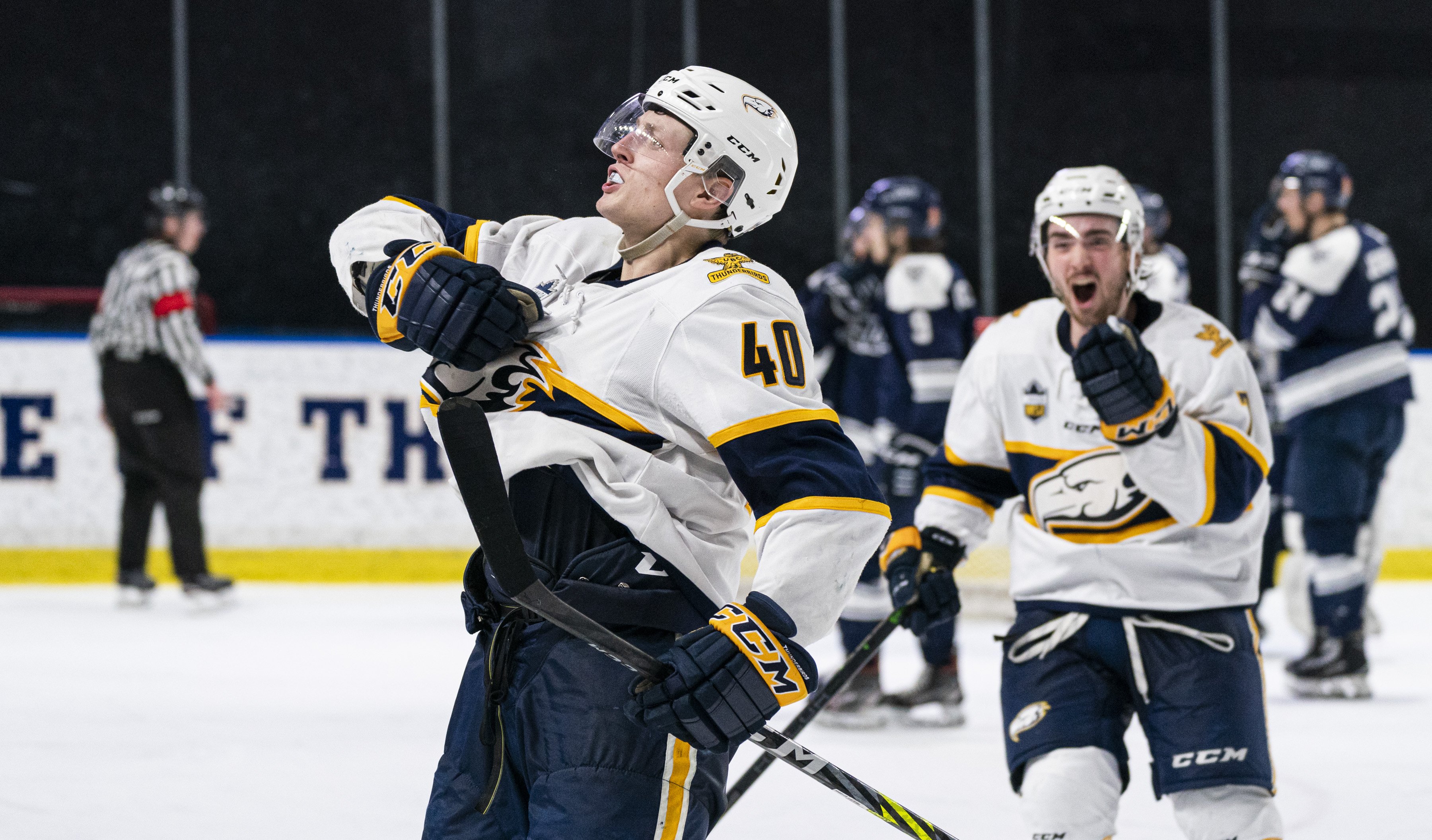 With UBC on the powerplay just over halfway through an eventful third, an uncontested point shot from all-star defender Jonathan Smart was skillfully tipped over Mount Royal netminder Riley Morris.