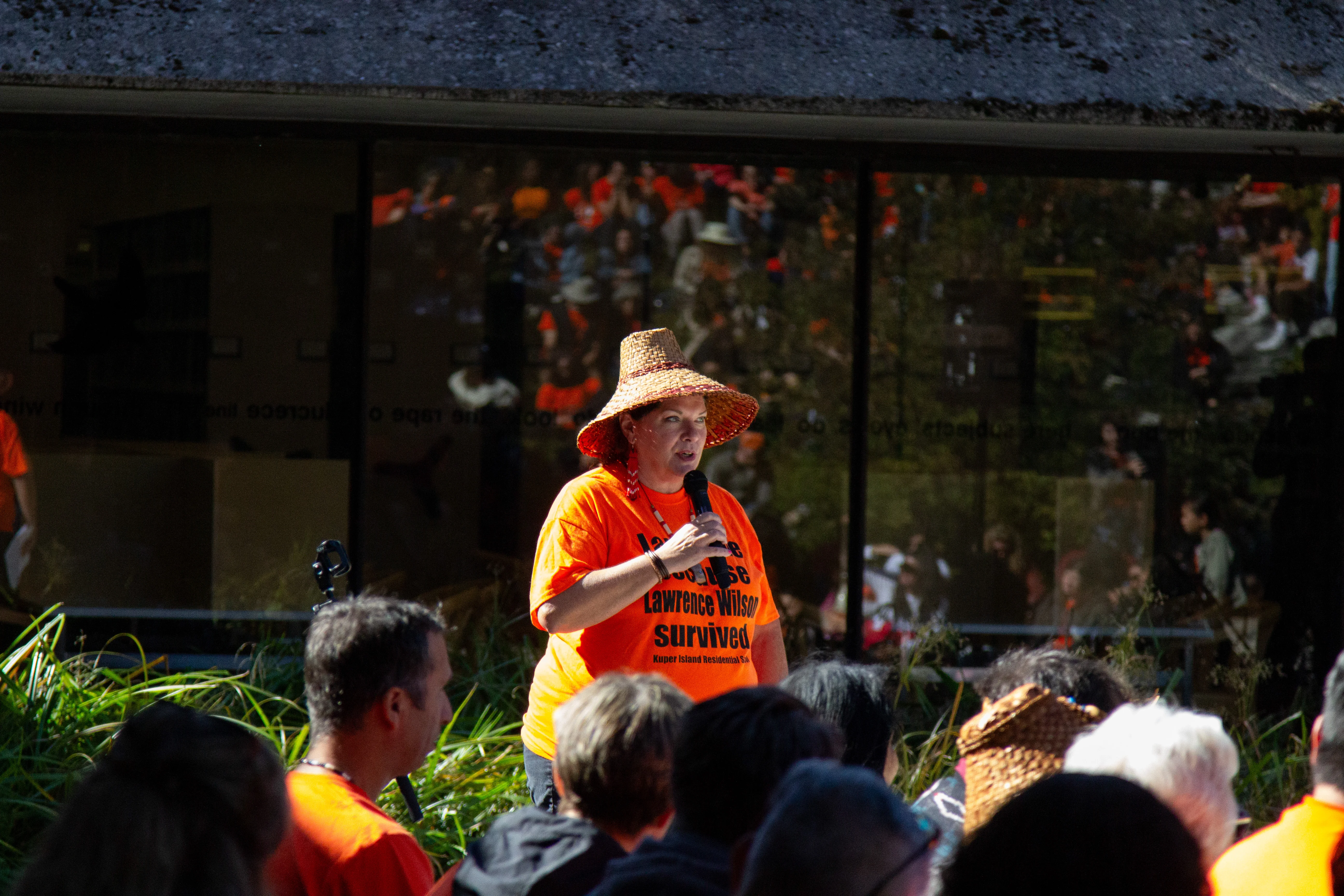 Dana-Lyn Mackenzie, member of the Hwlitsum First Nation and Senior Manager of EDI.I for the Faculty of Applied Science, outlines the route of the march.