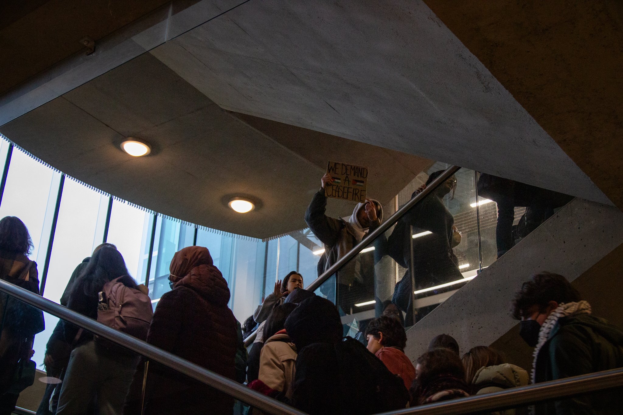 After the speeches, the walkout moved to the President's Office in Koerner Library.