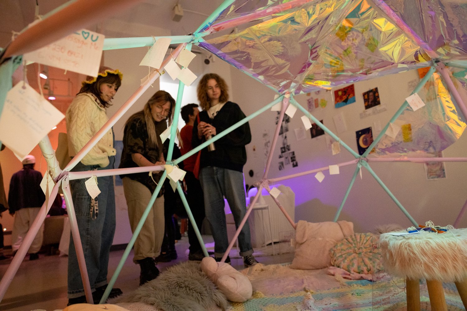 Another corner of the exhibit featured a large pastel, iridescent dome, filled with stuffed toys made by Bianca Thompson