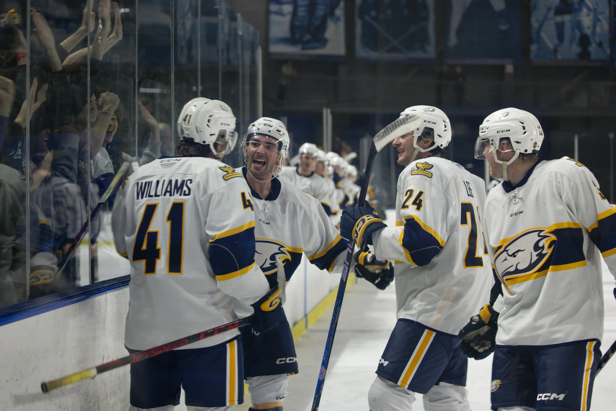 The team celebrates after one of their powerplay goals.