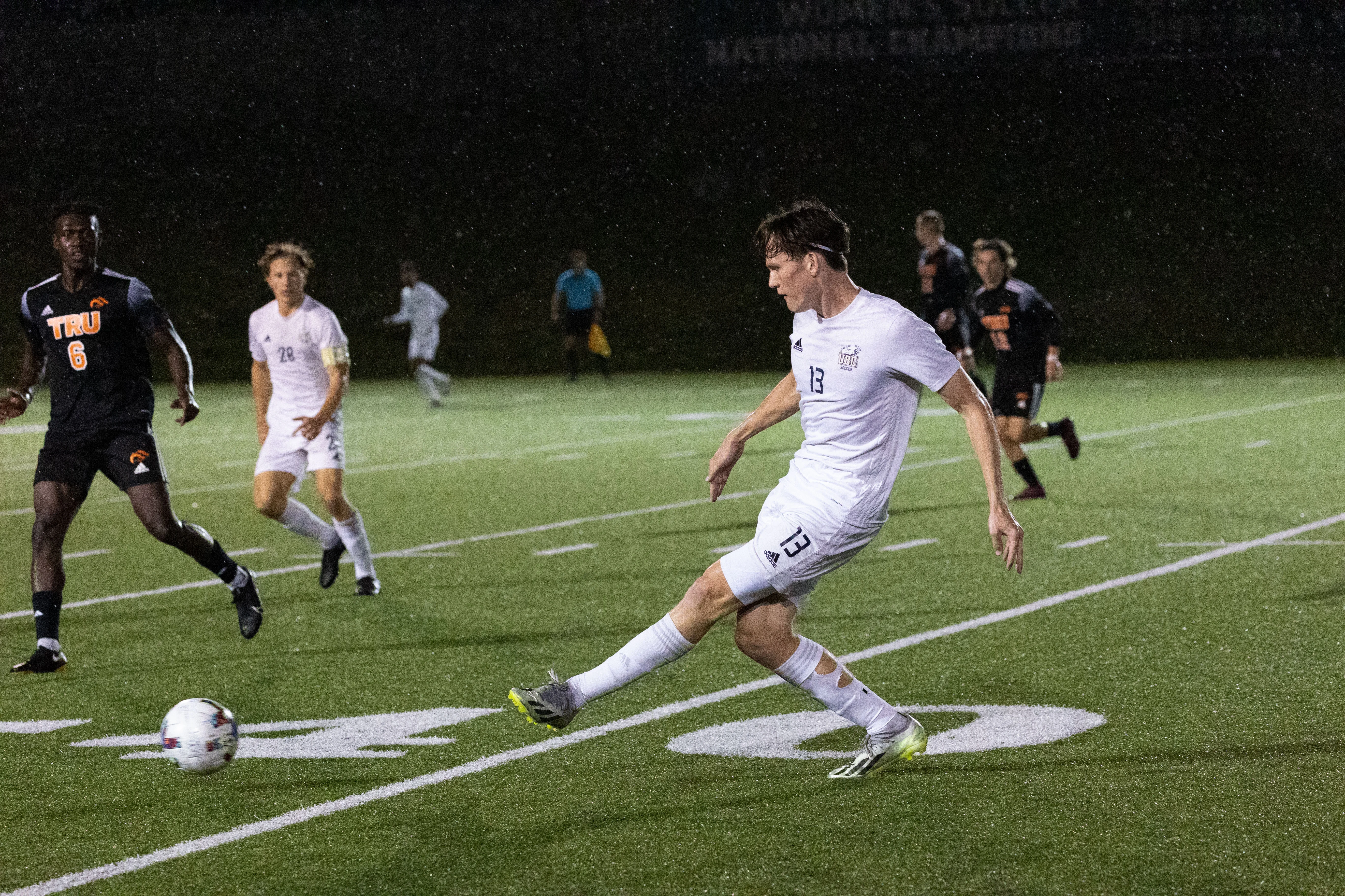 Eric Lajeunesse kicks the ball out of the T-Bird zone.