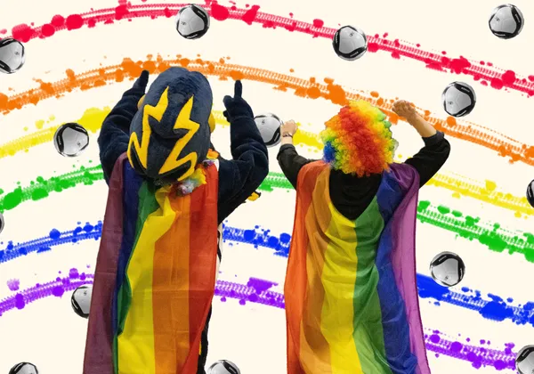 An image of a hype person in a rainbow afro and cape standing next to UBC's mascot, Thunder, also in a rainbow cape. The background is beige, with streaks of a rainbow overlaid and black and white volleyball scattered.