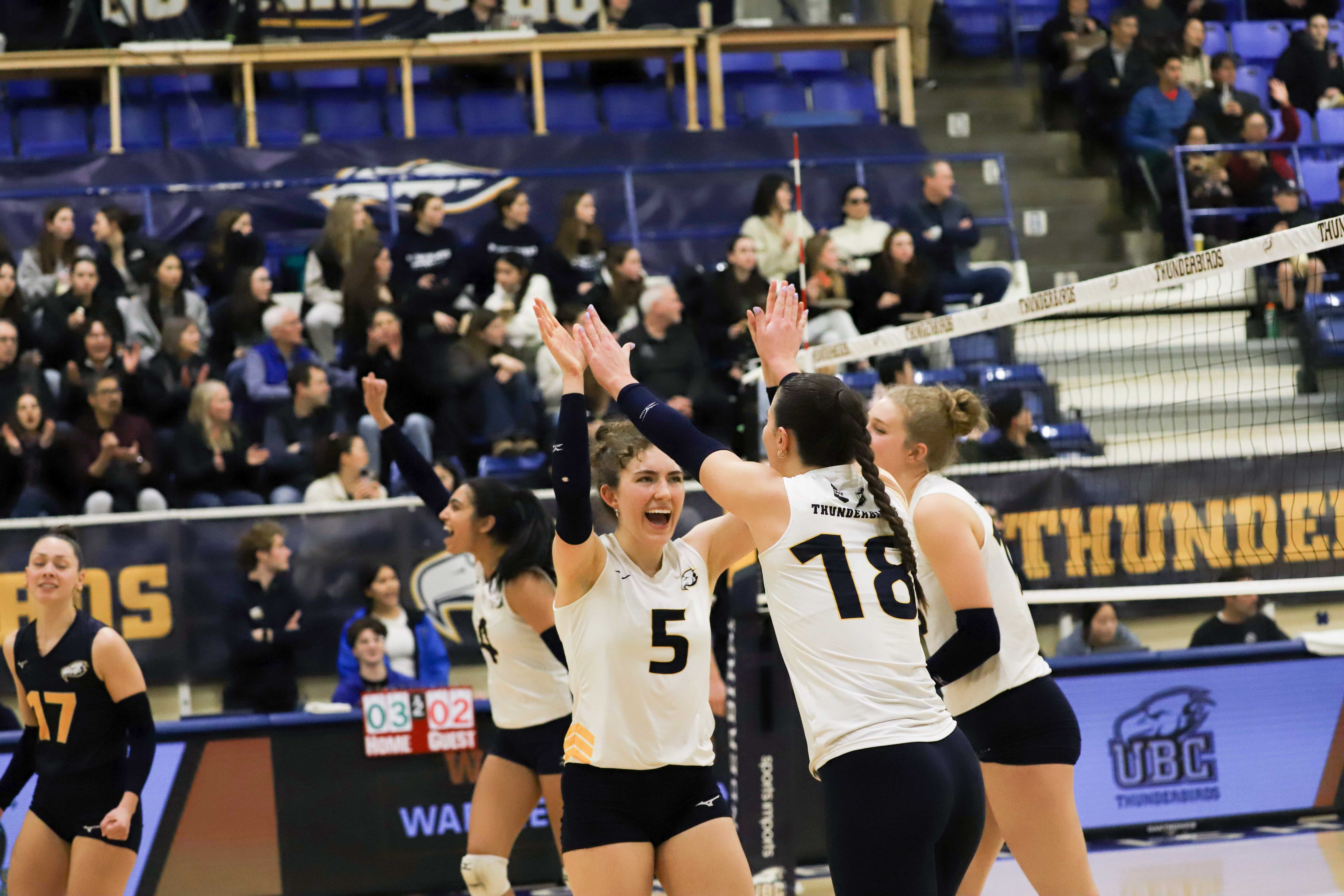 Issy Robertshaw (#5) and Lucy Borowski (#18) celebrate a point.