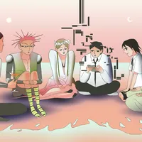 Characters sitting together in a circle. One person holding a phone is glitching.