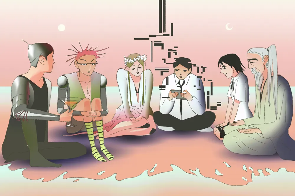 Characters sitting together in a circle. One person holding a phone is glitching.