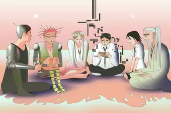 Characters sitting together in a circle. One person holding a phone is glitching.