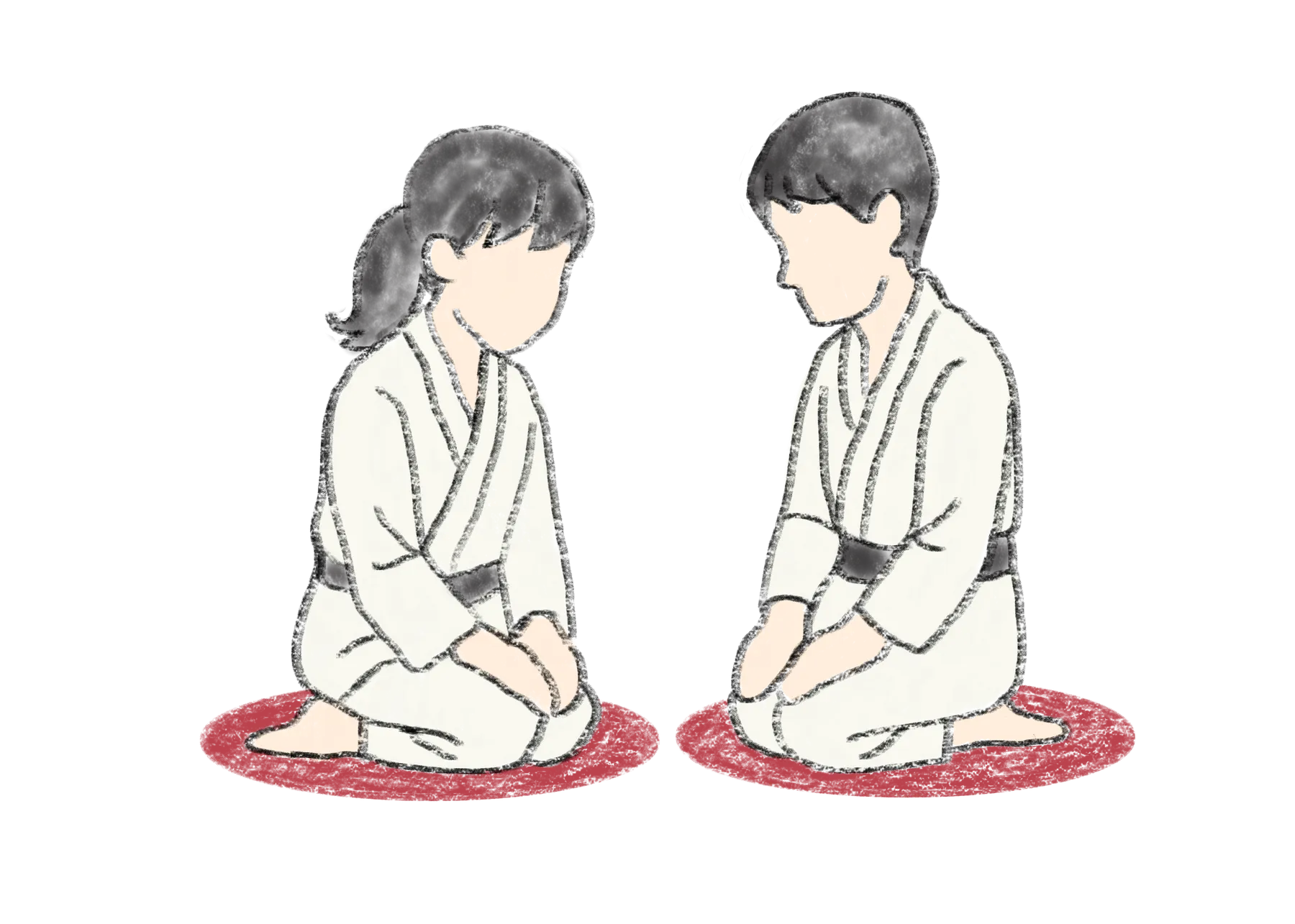 An illustration to two children in aikido raiment sitting on their knees on a red circle.