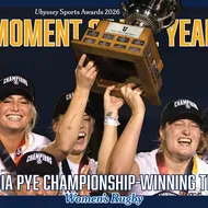 A graphic that notes Adia Pye's game-winning try in the championship as the moment of the year, with a photo of the Women's Rugby team hoisting the trophy.