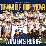 A graphic showing that Women's Rugby was the Ubyssey's team of the year, with a photo of them celebrating their national championship win.
