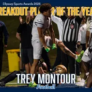 A graphic that tells the viewer that Trey Montour is the breakout player of the year, with an image of Montour, without his helmet, stepping over a defensive back in celebration.
