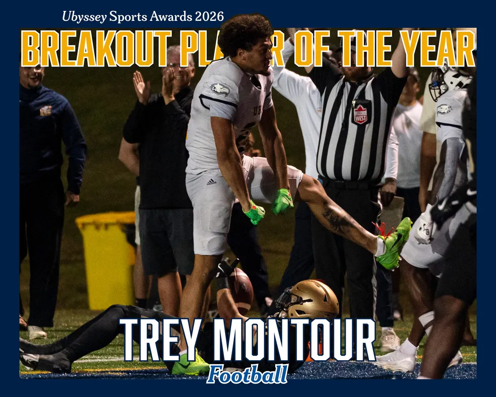 A graphic that tells the viewer that Trey Montour is the breakout player of the year, with an image of Montour, without his helmet, stepping over a defensive back in celebration.