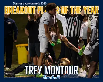 A graphic that tells the viewer that Trey Montour is the breakout player of the year, with an image of Montour, without his helmet, stepping over a defensive back in celebration.