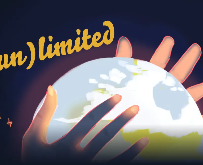 A pair of hands holding a planet on a space background.