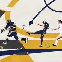 UBC Thunderbird players in hockey, rugby and soccer posed in the middle of a game lined up along the middle of the image. A map of British Columbia in the background, along with arrows pointing in different directions.
