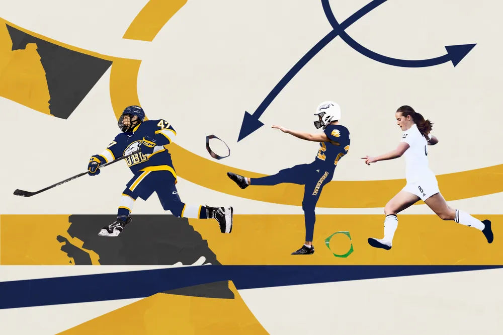 UBC Thunderbird players in hockey, rugby and soccer posed in the middle of a game lined up along the middle of the image. A map of British Columbia in the background, along with arrows pointing in different directions.