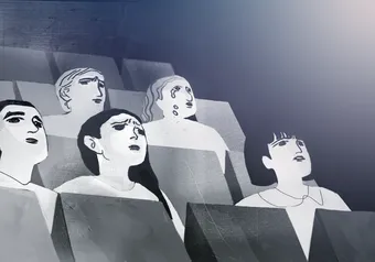 An illustration of abstract people crying in movie theatre seats