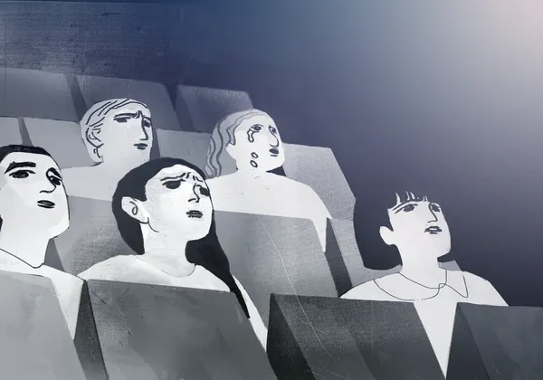 An illustration of abstract people crying in movie theatre seats