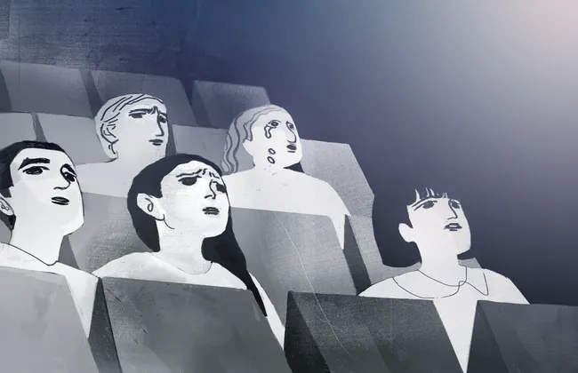 An illustration of abstract people crying in movie theatre seats