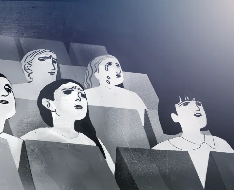 An illustration of abstract people crying in movie theatre seats