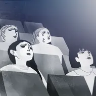An illustration of abstract people crying in movie theatre seats