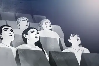 An illustration of abstract people crying in movie theatre seats