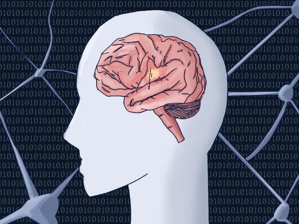 Illustration by Eliora-Margaret Kwakye

ALT: Silhouette of a head with a detailed brain visible, neurons and binary code in the background.