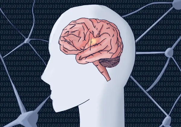 Silhouette of a head with a detailed brain visible, neurons and binary code in the background.