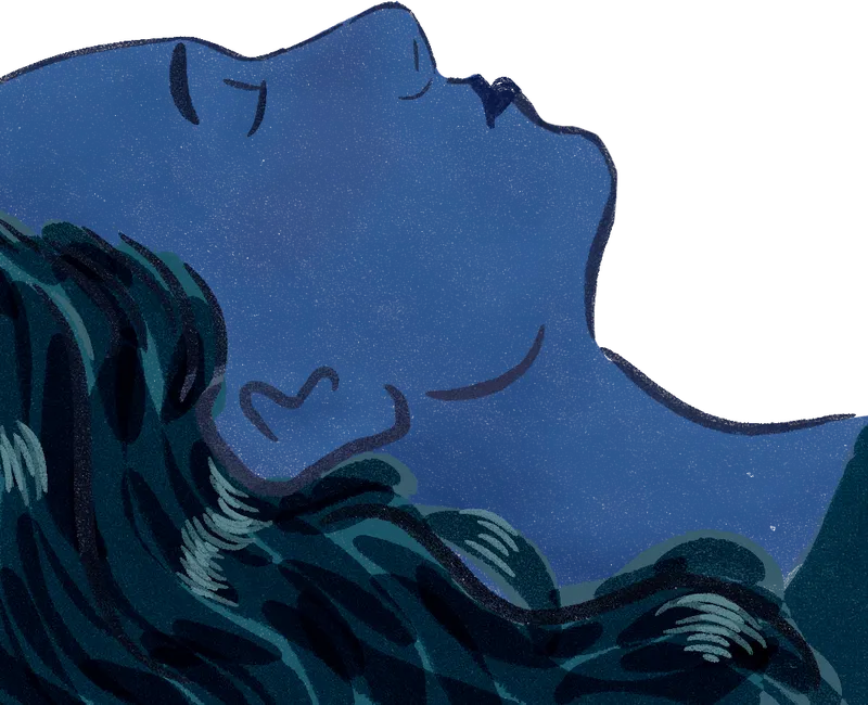 An illustration of a person's profile laying down. They are sleeping on their back with their eyes closed Their skin and hair is turquoise and they are wearing a magenta shirt. There are yellow stars and a crescent moon over their head.