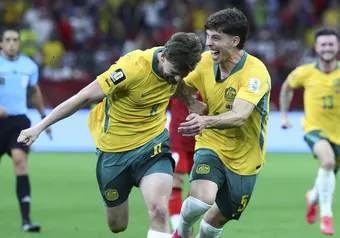 Connor Metcalfe celebrating with teammate after scoring goal in 75th minute of the game.