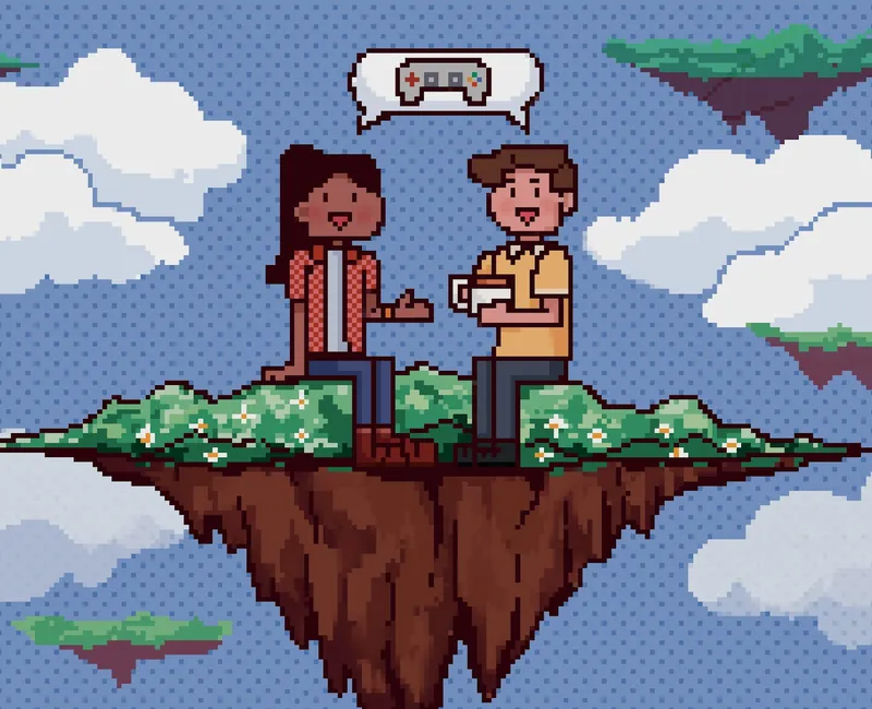 Two people sit on an island floating in the sky in this pixel art illustration.