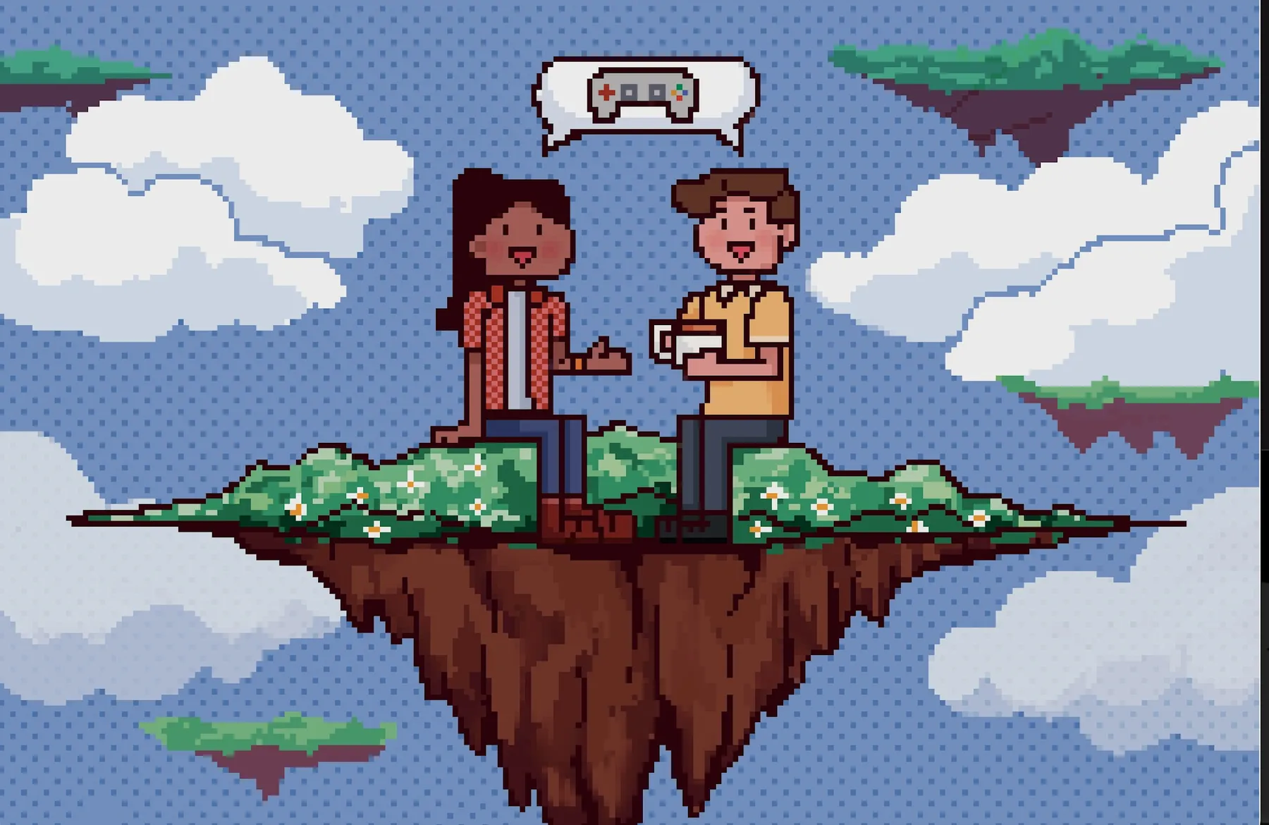 Two people sit on an island floating in the sky in this pixel art illustration.