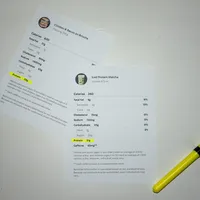 Two pages, showing the protein content differences between a sandwich and a coffee