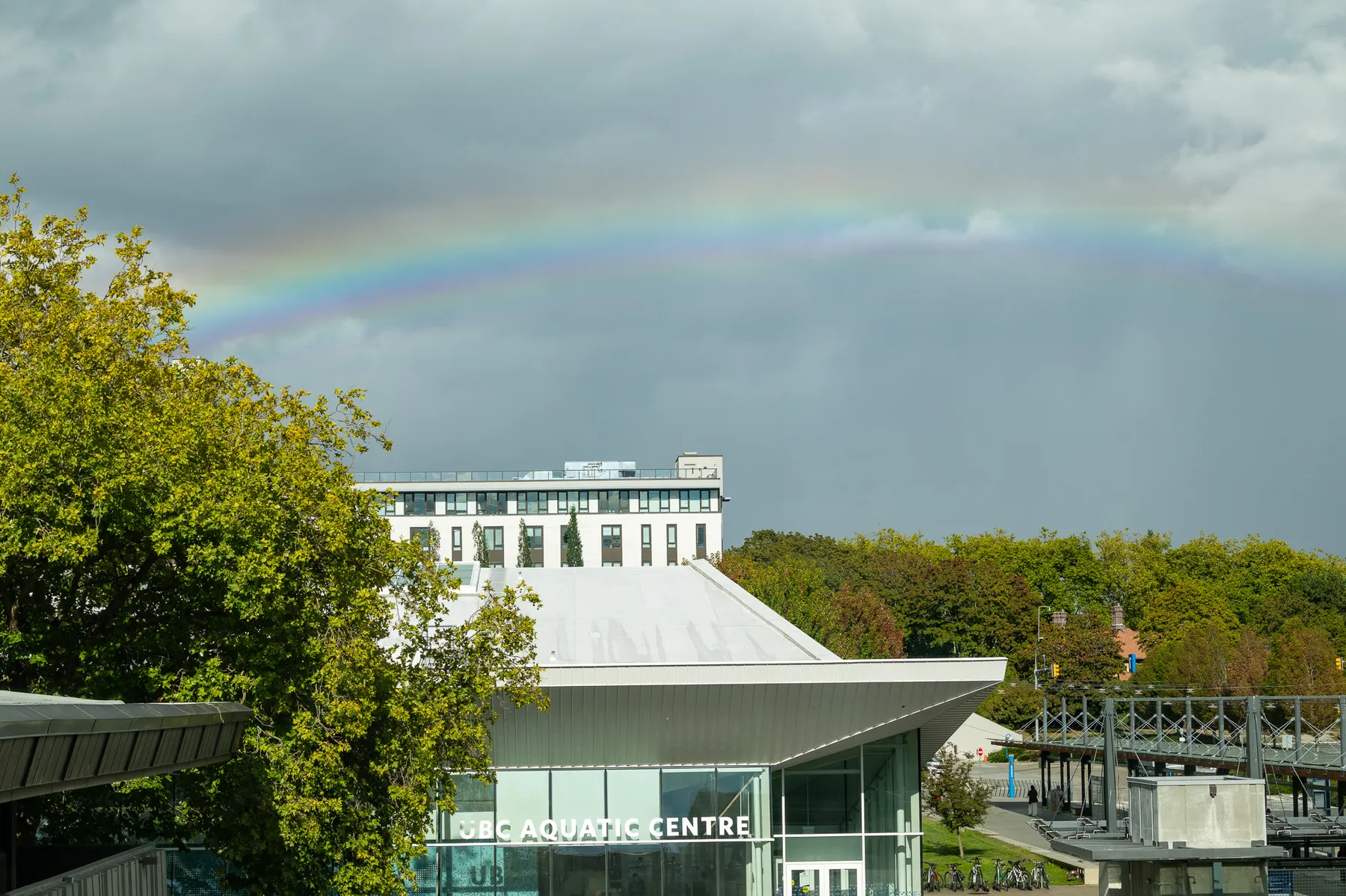A perfect rainbow over the UBC Aquatic Centre