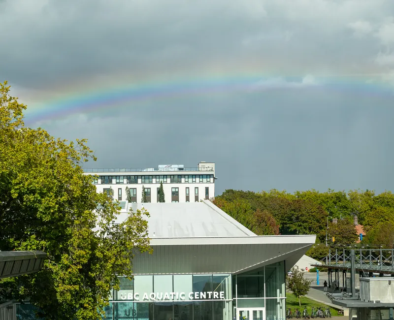 A perfect rainbow over the UBC Aquatic Centre