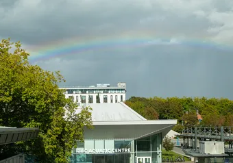 A perfect rainbow over the UBC Aquatic Centre