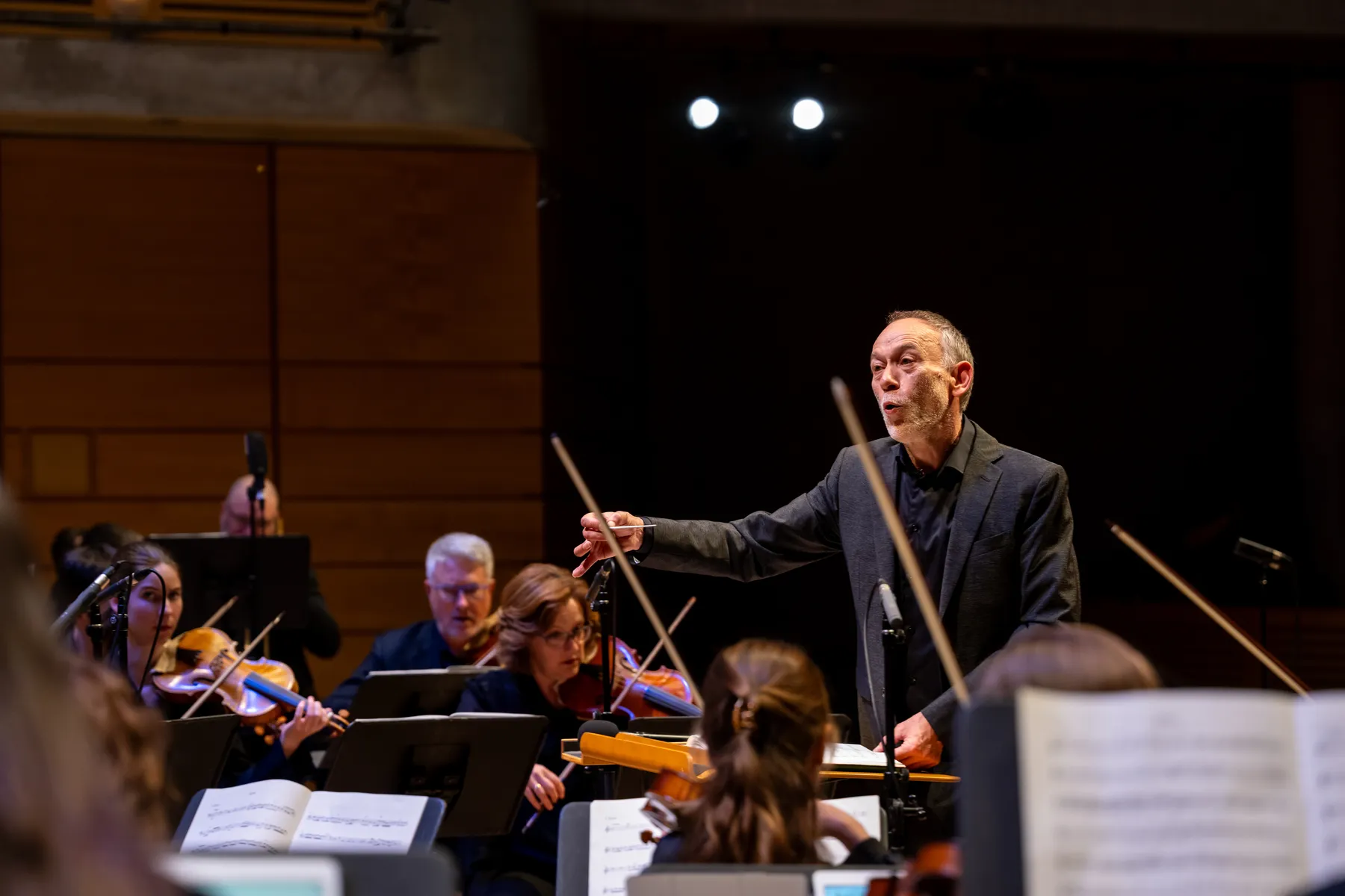 A conductor of an orchestra stands in front of violinists. He is wearing a black suit and his arm is in mid-stroke.