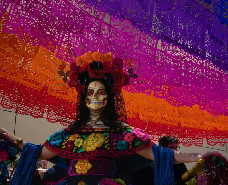 A woman dressed in traditional dia de muertos clothing and makeup stands in front of multicoloured flags