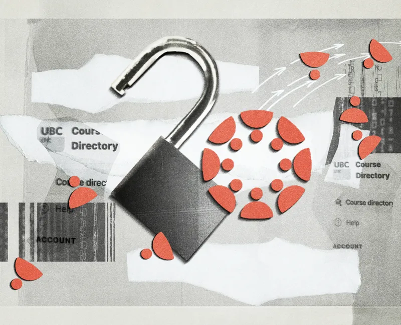 A collage with an unlocked lock in the middle, the canvas logo pieced apart and data encryption photos in the aesthetic of ripped paper.