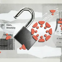 A collage with an unlocked lock in the middle, the canvas logo pieced apart and data encryption photos in the aesthetic of ripped paper.
