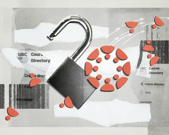 A collage with an unlocked lock in the middle, the canvas logo pieced apart and data encryption photos in the aesthetic of ripped paper.